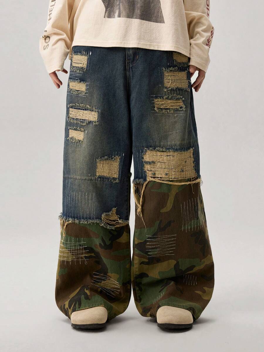 Jeans de mezclilla holgados con estampado de camuflaje y desgastados para hombre - Azul - Ver 1
