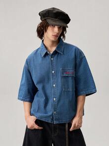 Vaulklash Men's Casual Street Style Striped Embroidered Blue Denim Short Sleeve Shirt - Medium Wash - View 6