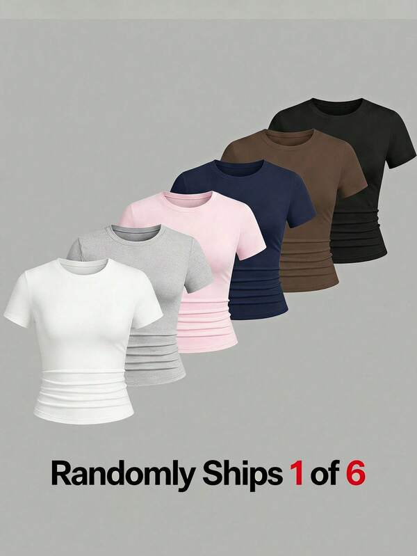 SHEIN Teen Girls Solid Color Crew Neck Short Sleeve Slim Fit T-Shirt, Randomly Shipped 1pc, Summer Basic Elastic Body-Hugging Undershirt, Multi-Color Random Casual Versatile Student Daily Commute Short Top, Suitable For Pairing With Jeans, Short Skirts, Sports Pants For Streetwear