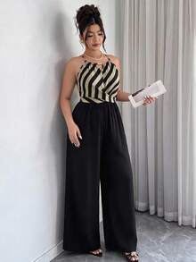 Weeklong Plus Size Women Spring/Summer Positioned Print Solid Color Matching Top And Bottom Elegant Jumpsuit - Multicolor - View 3