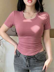 DAZY 女款粉色純色圓領短袖T恤，休閒街頭風戶外上衣，適合音樂節、情人節、婚禮與運動場合 - 粉色 - 查看 1