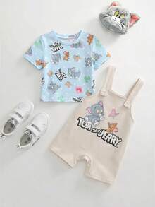 TOM & JERRY X SHEIN 男婴卡通图案字母印花圆领短袖T恤和背带短裤套装 - 藍色 - 查看 3