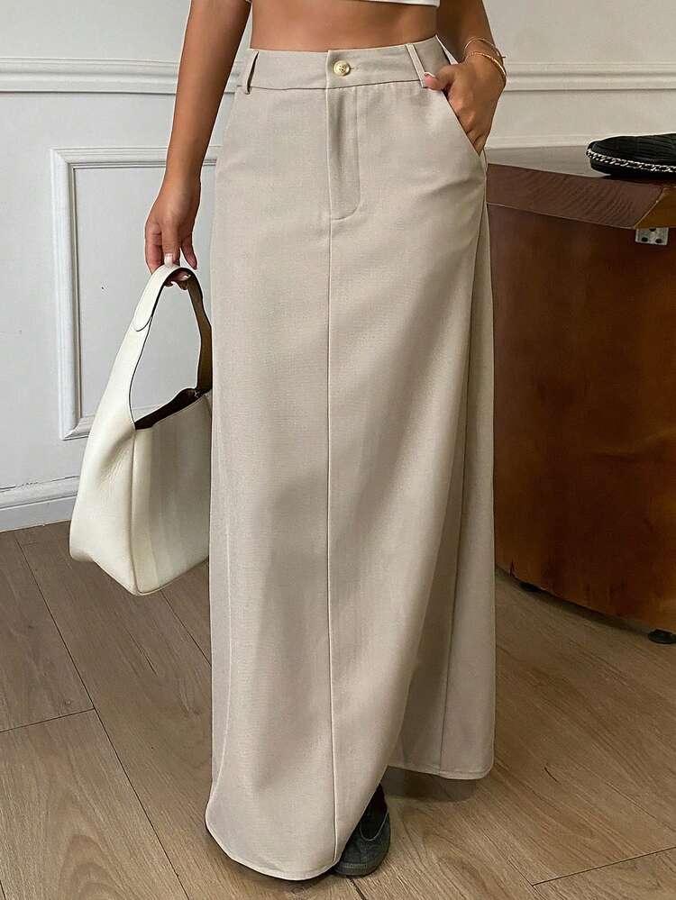 DAZY Solid Color Fitted A-Line Long Slit Elegant Casual Vacation Spring Autumn Women's Skirt - Khaki - View 5