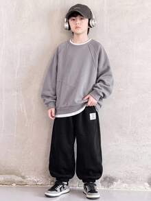 SHEIN 2件組兒童青少年男孩休閒美式復古運動風 2合1灰色運動衫與黑色運動長褲套裝，適合秋冬、學校、家庭聚會、返校、運動、秋季穿搭、冬季穿搭 - 彩色 - 查看 3