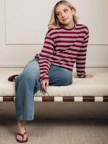 Ximena Robles Ximena Robles Women's Casual Everyday Commute Fashion Street Contrast Stripe Print Loose Fit Drop Shoulder Long Sleeve T-Shirt, Spring/Autumn Long Sleeve Top Stripe Top Casual Striped Top Striped Long Sleeve - Burgundy - View 1