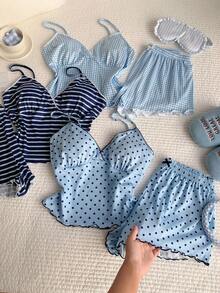 Comfortcana 3件套女士修身吊带短裤睡衣，蓝色格子、波点、条纹印花，可与朋友/姐妹穿搭同款睡衣 - 藍色 - 查看 8