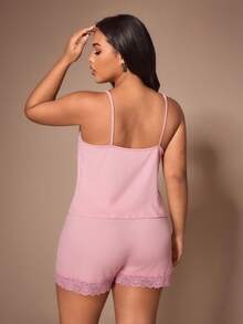 Lazeform Plus Size Solid Color Soft Lace Pajama Set, Women's Home Wear Camisole Long Sleeve Tie-Front Robe 4-Piece Set - Pink - View 4
