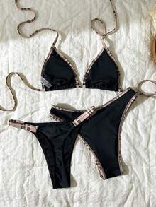 Elavelle Solid Color 3 PiecesBikini Set Women's Swimwear For Hot Spring Vacation - Black - View 2