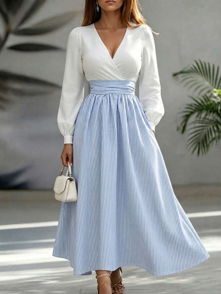 SHEIN LUNE CURVE Plus Size Luxury Design Striped A-Line Cinched Waist Dress, Summer Casual Outing, Office Work Commute Outfit - Blue and White - View 1