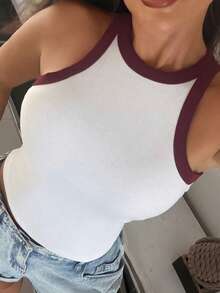 Dazy Plus 女款大尺碼拼色拼接圓領短版春夏基礎運動背心 - 白色 - 查看 1