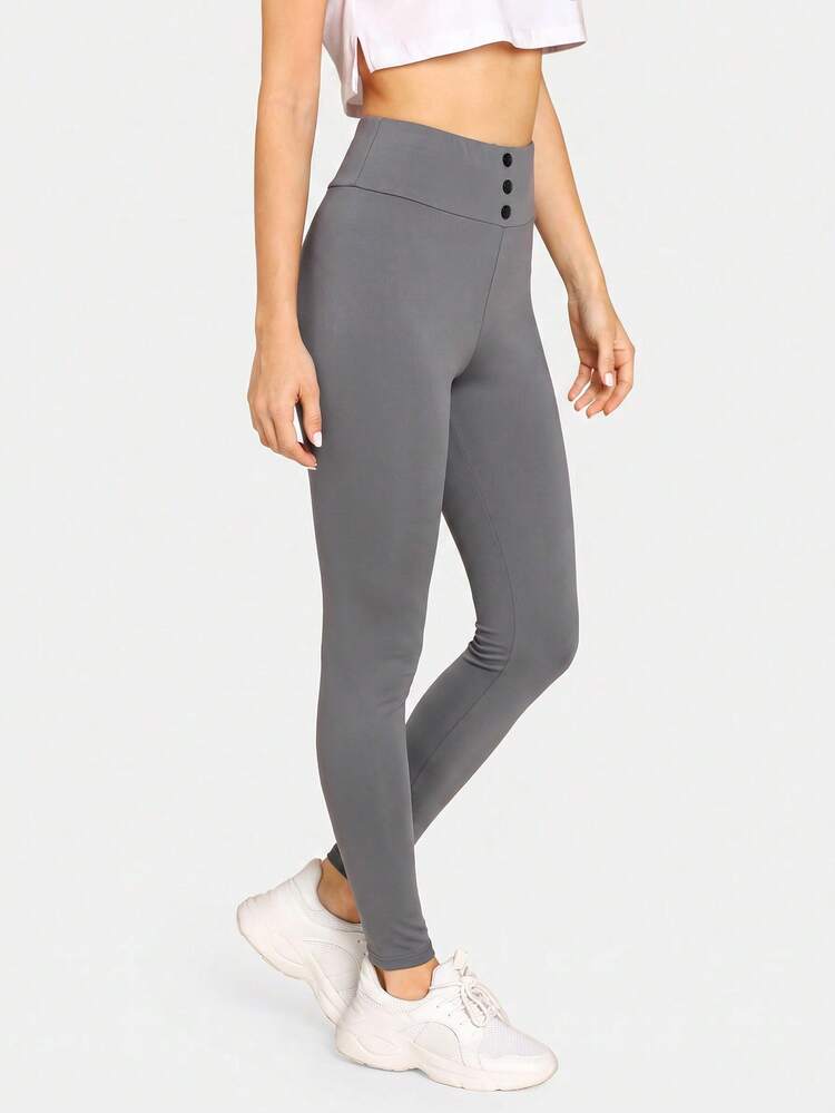 SHEIN BASICS سروال ضيق نسائي بسيط متعدد الاستخدامات بأزرار - رمادي غامق - مشاهدة 5