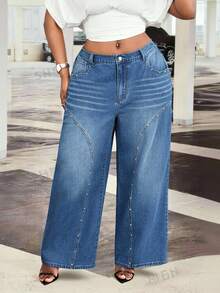 Slaydiva Plus Size Women's All Season Split Rivet Pocket Dark Blue Denim Jeans - Dark Wash - View 7