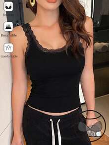 DAZY Women's Lace Patchwork Hollow Back Fitted Solid Color Sleeveless Camisole Tank Top - Black - View 3