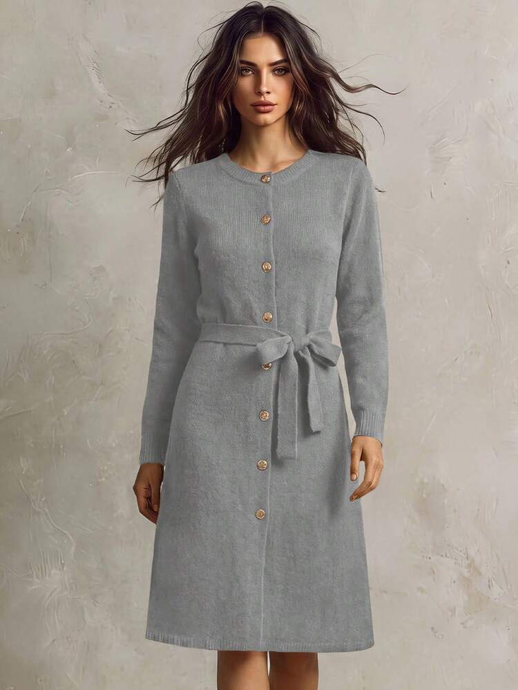 SHEIN Franclia Women's Round Neck Button With Belt Long Knitted Sweater Dress - Grey - View 1