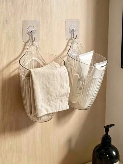 Haus Hana 1Pc Extra Large Capacity Transparent Wall-Mounted Hanging Storage Basket, Punch-Free No-Drill Waterproof Vertical Stripe Clear PET Organizer Bin, Adhesive Install Space-Saving Multifunctional Holder, Dustproof Moisture-Proof Visible Storage Container For Bathroom Facial Towel Skincare Makeup Toiletries, Kitchen Sundries Spice Snack Organizer, Dorm Bedroom Vanity Closet Cabinet, Small Apartment RV Home Daily Organization Accessories, Back To School Multi-Scene Household Storage Solution