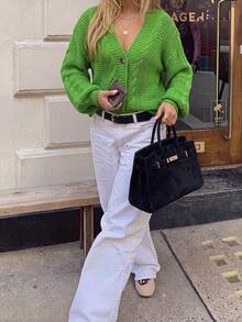 Women's Solid Color V-Neck Single-Breasted Casual Versatile Daily Long Sleeve Cardigan - Green - View 5