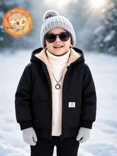 SHEIN Boys' Solid Color Fleece Lined Hooded Jacket, Perfect Combination Of Fashion And Comfort, Soft Fleece Lining For Comfort, Suitable For All Seasons And Outdoor Activities, Provides All-Weather Protection And Warmth For Children, Ideal For School, Outdoor Play And Daily Wear, Let Children Confidently Showcase Their Fashion Style, A Must-Have Item In The Wardrobe