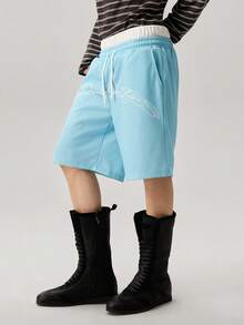 Vaulklash Celana Pendek Pria Kasual Dua Lapis dengan Motif Huruf - Baby Blue - View 5