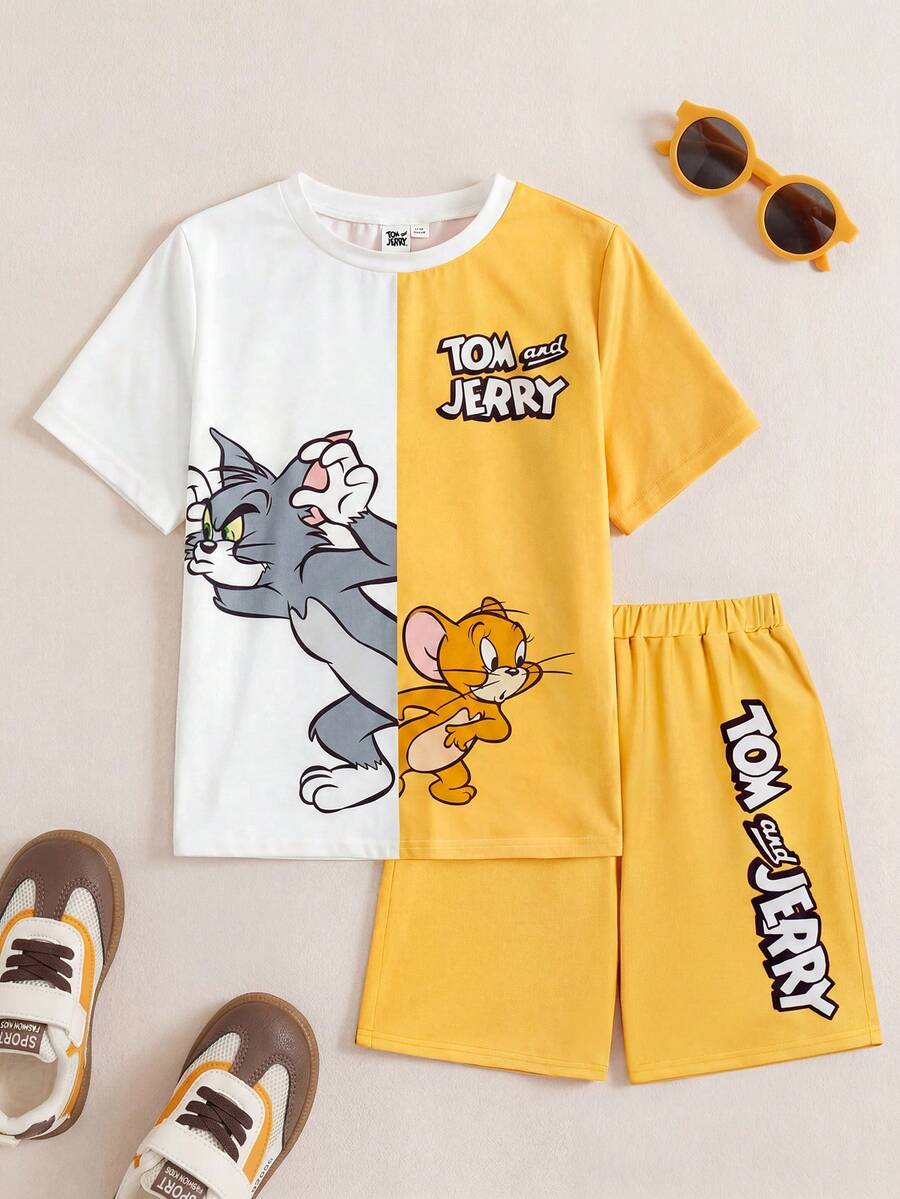 TOM & JERRY X SHEIN Tween Boy Casual Cartoon Printed Two Tone Short Sleeve T-Shirt And Shorts, Summer - Yellow - View 1