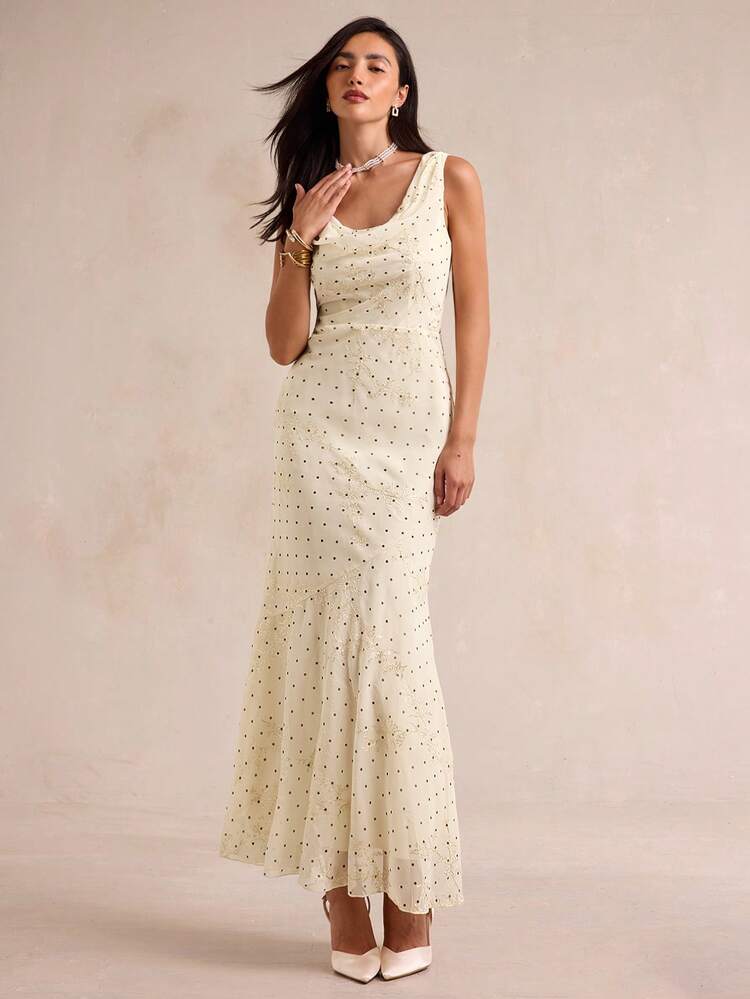 Enchnt Premium Pre-Fall Romantic Women's Elegant Apricot Polka Dot Print Embroidery Long Dress,Casual Dress,Festival Outfits,Homecoming,Party Dress - Apricot - View 6