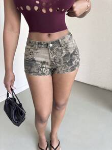 Alexandranx Leopard Print Botanical Pattern Low-Waist Denim Shorts, Street Style Casual Graphic Everyday Grey Summer Brown - Brown - View 3