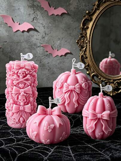 Sweet And Cool Halloween Scented Candles, With Three Designs To Choose From: Embossed Bowknot Rose Pumpkin, Butterfly Ribbon Pumpkin, And Skeleton Bowknot Cylinder. Available In Two Colors: Milky White And Soft Pink