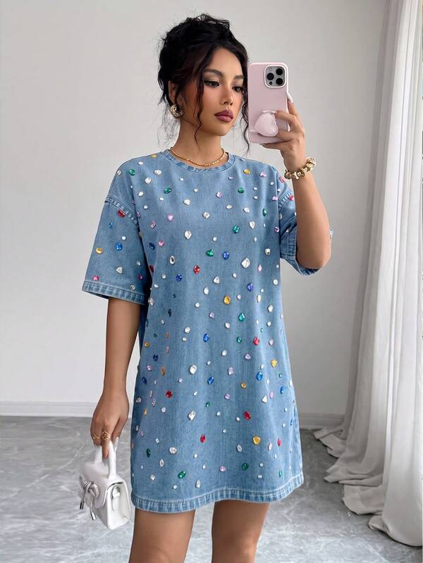 Elenzga Women's Summer Short Blue Dress, Casual Outing Dress, Summer Vacation Dress 2026, Women's Beach Fashion , Beachwear, Short Dress, Women's Elegant Elegant Dress, Basic Style, Women's Airport Outfit