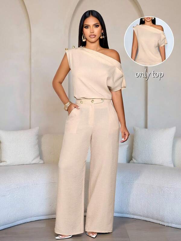 SOLERSUN Women's Elegant Smart Casual Business Casual Light Beige Summer Asymmetrical Sleeveless Metal Button Fitted Blouse Top Office Teachers' Day