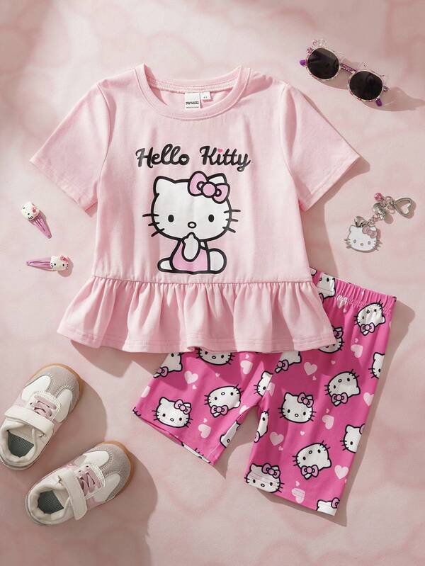 HELLO KITTY AND FRIENDS | SHEIN 女童圓領字母卡通印花百褶短袖T恤與短褲休閒日常套裝