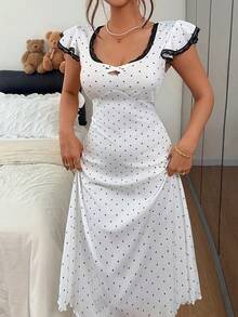Napfluff Contrast Color Lace Trim Patchwork Knit Casual Square Neck Fitted Short Flutter Sleeve Women's Nightgown - White - View 1