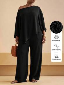 SHEIN PETITE CURVE Plus Size Elegant Traditional Commuter Dinner Wedding Guest Formal Party Cocktail Solid Color Asymmetric Top And Pants 2 Pieces Set Black Autumn - Black - View 2