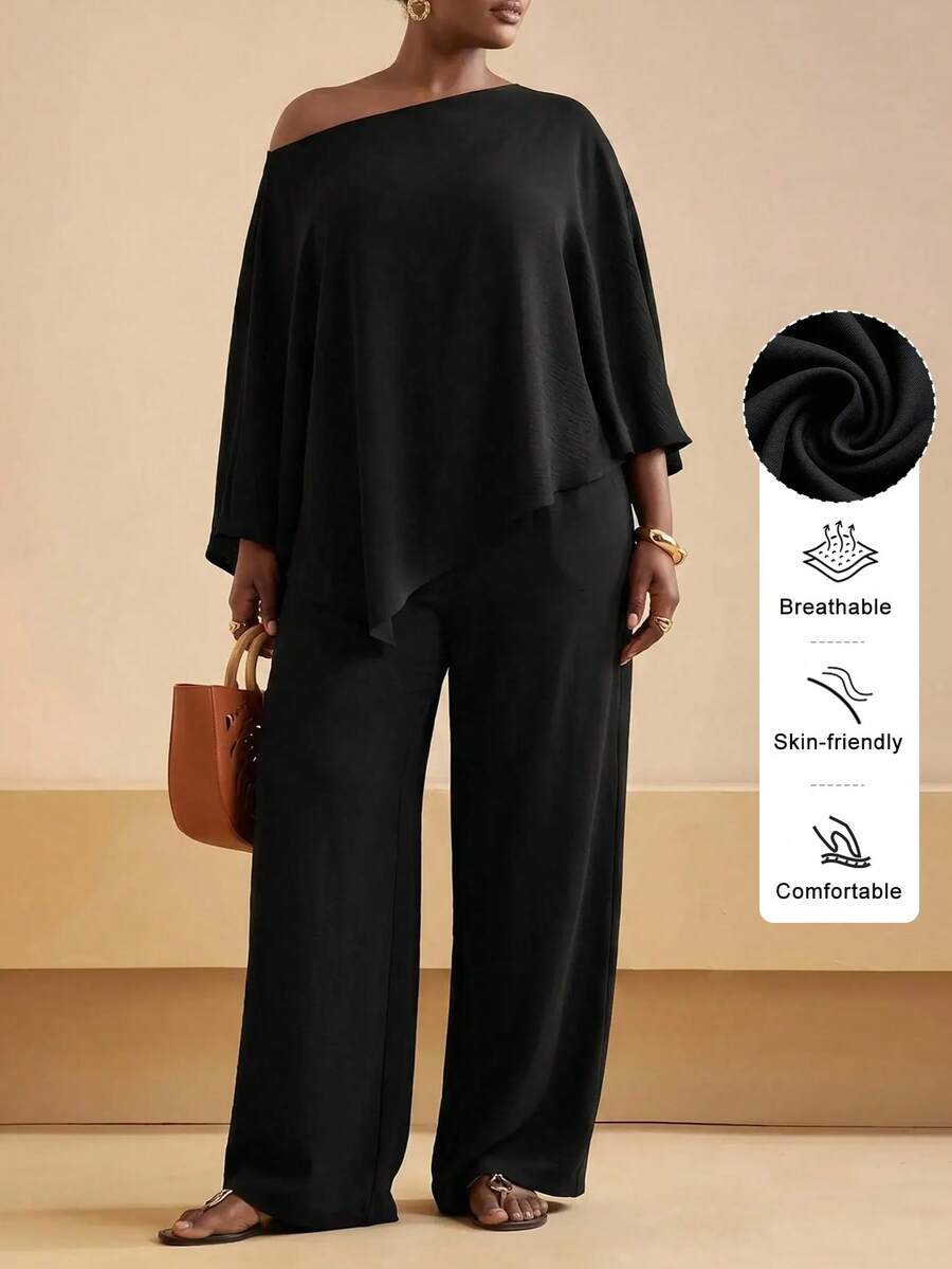 SHEIN PETITE CURVE Plus Size Elegant Traditional Commuter Dinner Wedding Guest Formal Party Cocktail Solid Color Asymmetric Top And Pants 2 Pieces Set Black Autumn