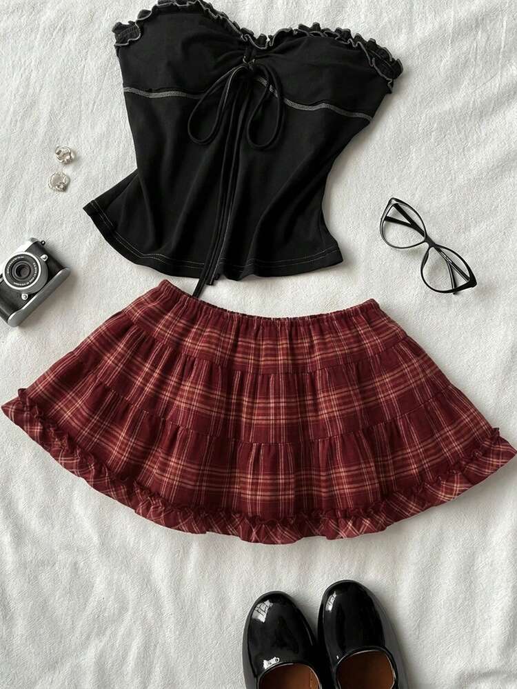 Attitoon Women's Casual Plaid Skirt, Summer - Red - View 4
