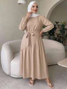Dazy Plus Khaki Round Neck Loose Long Sleeve Tie-Front Elegant Commuter Mid-Length Dress, Spring/Autumn New Style - Khaki - View 3