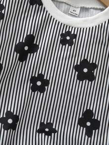 SHEIN 女童黑白條紋格紋圓領抓絨套頭衫 - 黑與白 - 查看 4