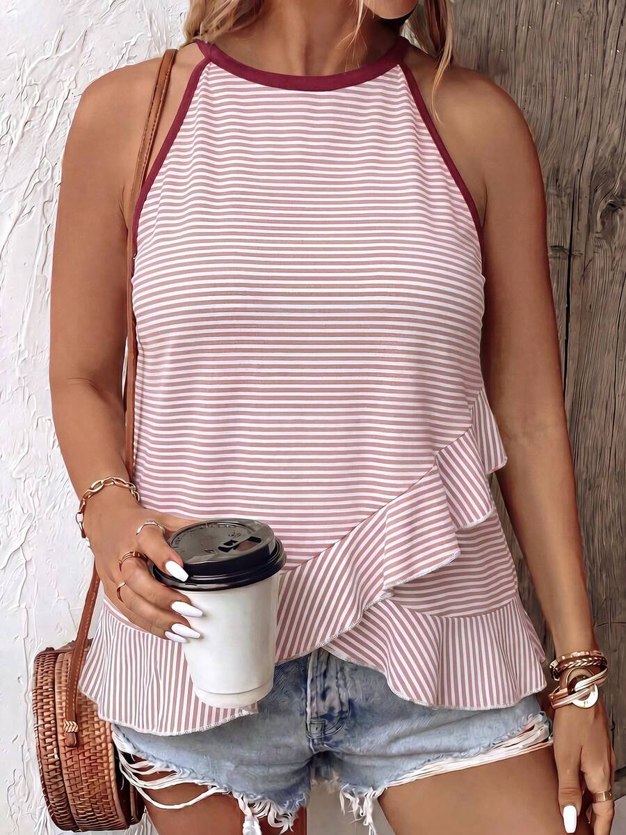 SHEIN LUNE Camiseta sin mangas para mujer de talla grande, nueva y de gran para primavera/verano, con diseño de color contrastante, patrón de rayas, casual y versátil - Multicolor - Ver 1