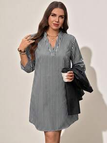 SHEIN LUNE 大码女式条纹卷袖休闲宽松连衣裙 - 黑與白 - 查看 4