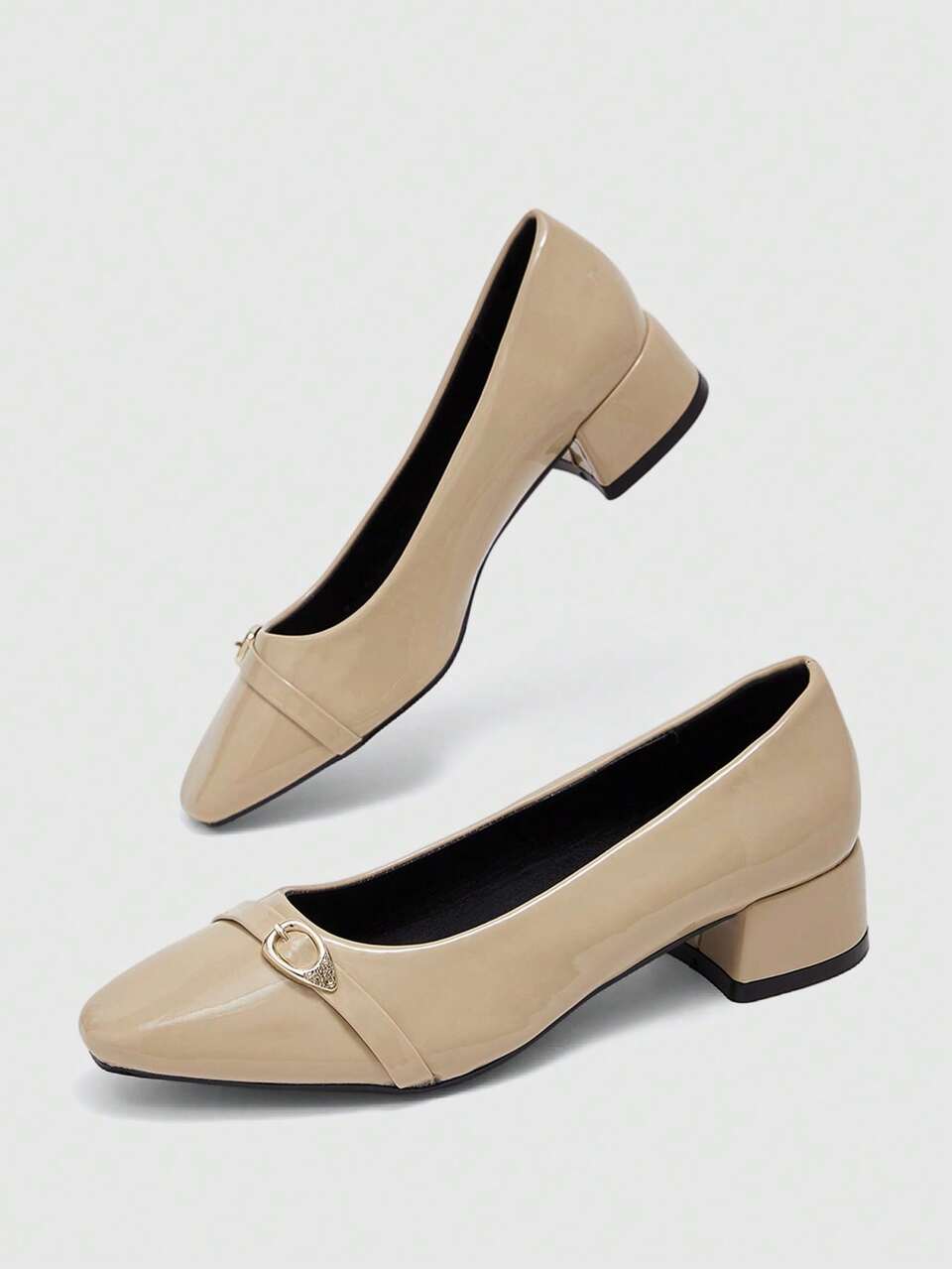 CUCCOO BIZCHIC Women's Apricot Metal Buckle Square Toe Thick Heel Versatile Comfortable Workplace Shoes Commuting Low Vamp Low Heel Work Shoes Fall Shoes
