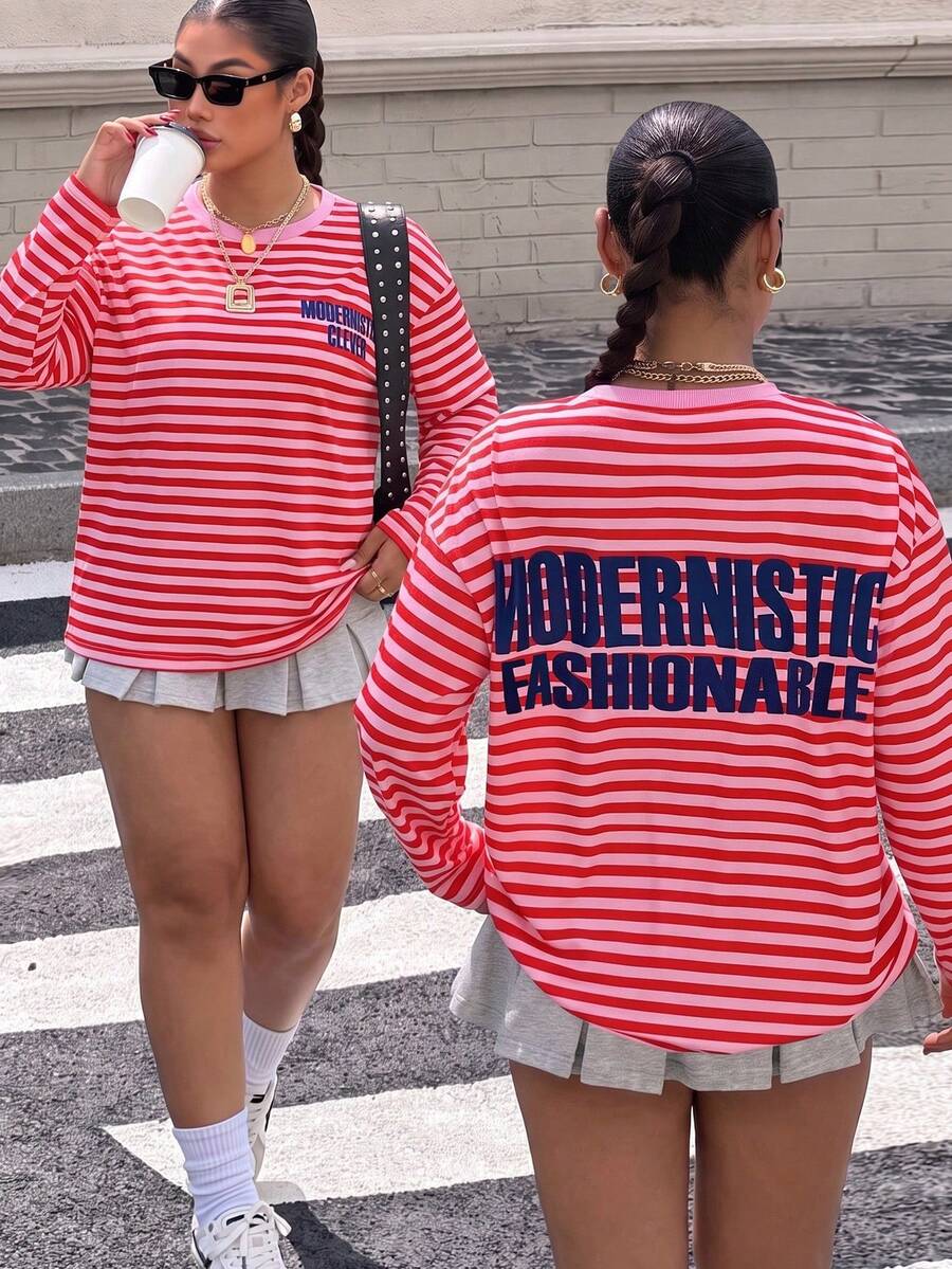 Muchica 女款針織條紋印花長袖T恤 - 彩色 - 查看 1
