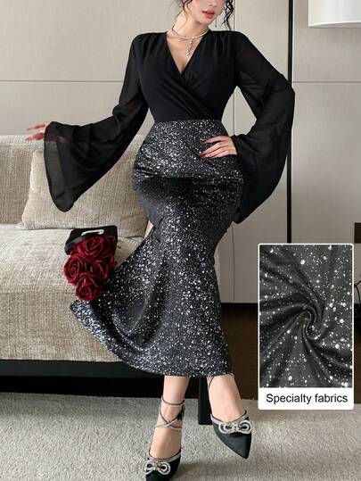 Modelyn Black Chiffon Patchwork Sequin Bodycon Slit Elegant Sexy Evening Party Long Dress For Women
