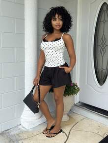 Alexandranx Women's Elegant Romantic Delicate Charming Holiday Sexy Black Lace Trim Collar Black & White Polka Dot Cami Top, Y2K Sexy Versatile For Vacation, Elegant And Casual Polka Dot Lace-Trimmed Camisole For Spring And Summer, Polka Dot Corset, Spring Women, Spring Break , Valentine's Day, Elegant Party Top, Polka Dot Top - Black and White - View 6