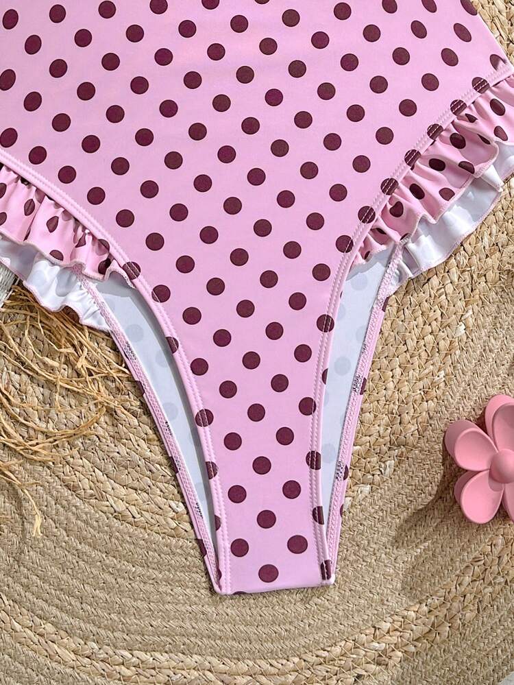 Swim Mod Women's Summer Vacation Polka Dot Print Detachable Shoulder Strap Bandeau V-Neck Ruffle Trim One-Piece Swimsuit - Multicolor - View 5