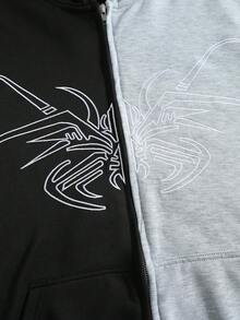 ROMWE MEN Street Life 男士刺繡口袋對比色長袖連帽衫 - 黑色 - 查看 4