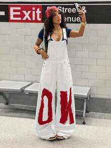StreetHx Women's Letter Print Curved Leg Denim Overalls - White - View 7