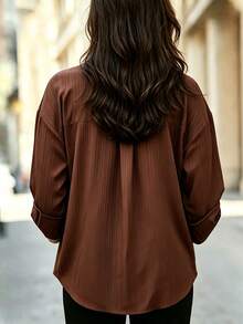 SHEIN LUNE CURVE Plus Size Women's Fashion Polo Collar Knotted Blouse, Autumn/Winter Fall - Brown - View 2