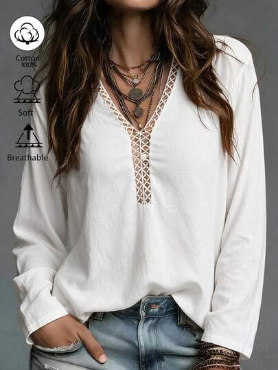 Weeklong Women's Plus Size Autumn/Winter Casual V-Neck Hollow Lace Cotton-Feel Blouse