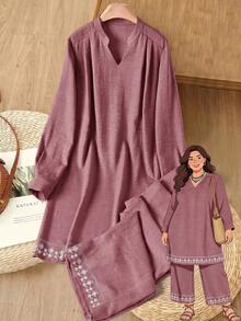 Rusticease Plus Size Minimalist Embroidered Textured Dress And Loose Casual Pants 2 Pieces Set Formal Vacation White Autumn Fall Clothes - Dusty Pink - View 3
