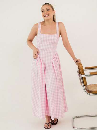 Ximena Robles Ximena Robles Vestido de verano para mujer con falda acampanada a cuadros estilo romántico francés, mangas abullonadas dulces y tirantes finos, color rosa