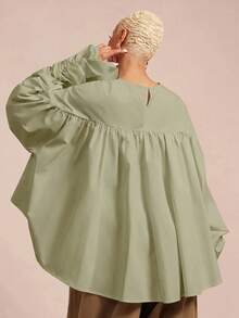 Vixey Solid Color Woven Ruched Front Short-Front Long-Back Ruffle Blouse, Elegant Party Top, Winter/Fall - Green - View 5