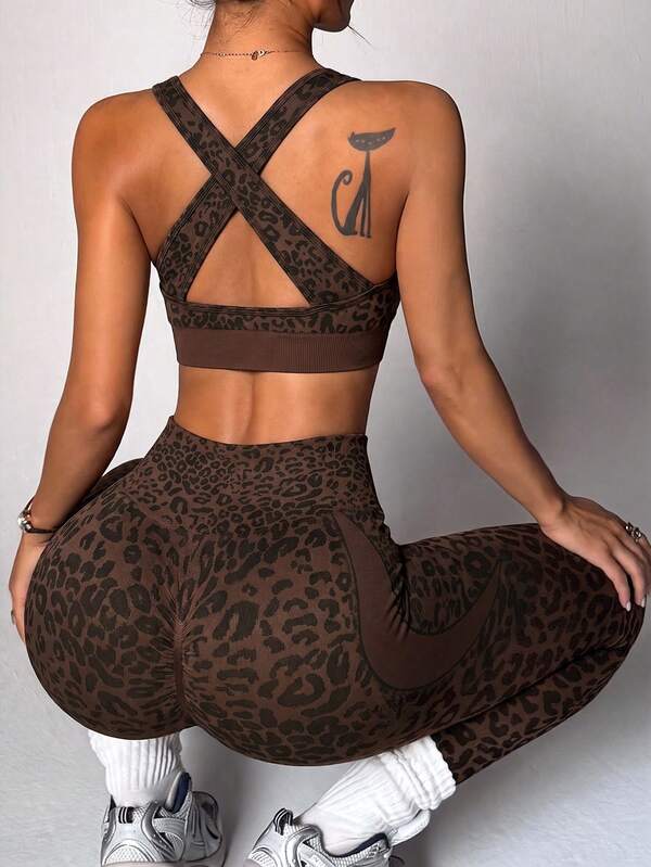 SHEIN Dewbera Women's Seamless Leopard Print Cropped Tank Top And Leggings Sports Set